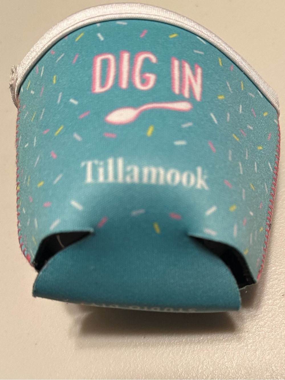 Tillamook 'Dig In' Teal and pink ice cream pint coolie.
